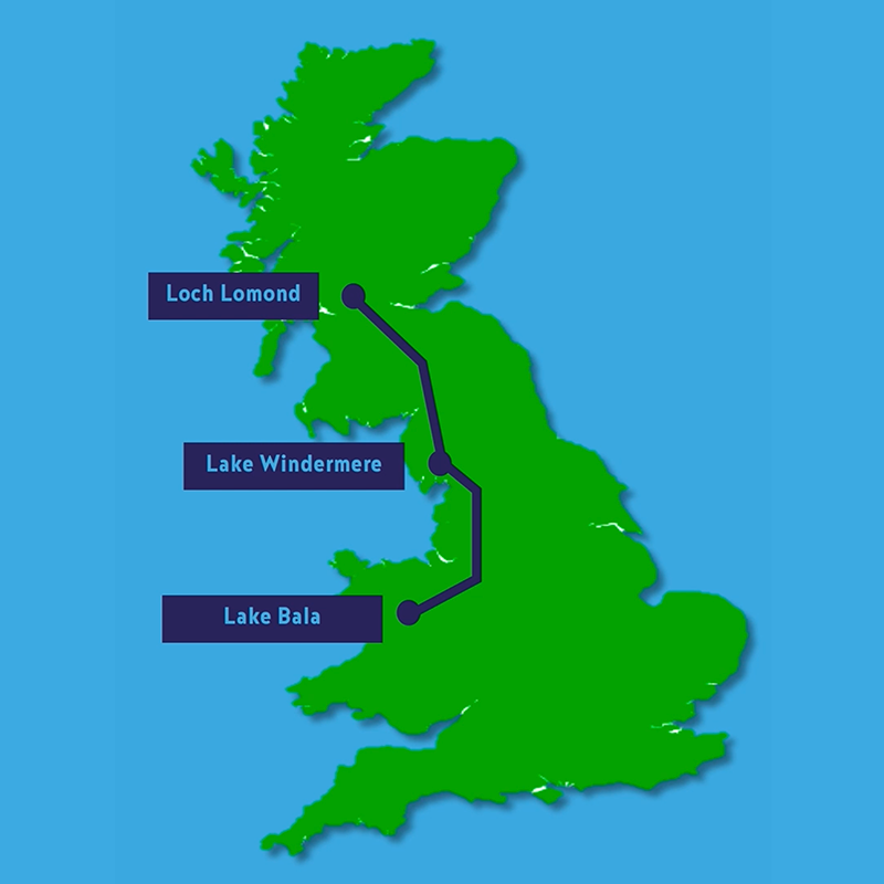 Route map of the challenge from Loch Lomond to Lake Windermere to Lake Bala